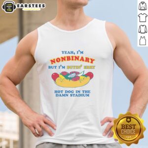 Person in a tank top saying 'Yeah I'm Nonbinary' happily buying hot dogs at a stadium, embracing their identity.