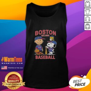 Alt Text: Cute Charlie Brown, Snoopy, and Woodstock in Boston Red Sox baseball jersey tank top, celebrating team spirit since 1901.