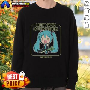 Surprised chibi Miku in a stylish sweatshirt featuring intense leek spin design, perfect for fans of Vocaloid merchandise.