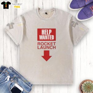 Pretty rocket launch graphic on a Help Wanted washed t-shirt, perfect for space enthusiasts and casual wear.