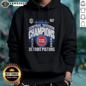 Alt Text: Black Detroit Pistons 2026 Central Division Champions hoodie displayed in a locker room setting.