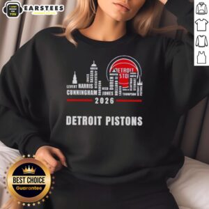 Official Detroit Pistons 2026 Greatest Of All Time Players sweatshirt featuring iconic city skyline design.