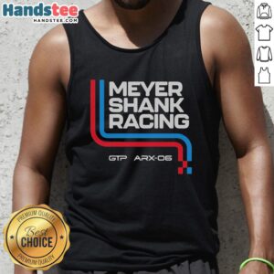 Nice Meyer Shank Racing GTP ARX-06 tank top featuring vibrant design, perfect for motorsport fans and apparel collectors.