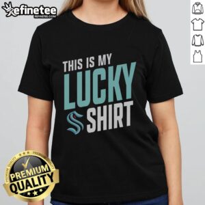 Alt Text: Premium Seattle Kraken 'This Is My Lucky' ladies tee featuring stylish design and vibrant team colors for fans.