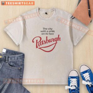 Nice Pittsburgh washed t-shirt featuring 'The City With A Smile' design, perfect for fans of Pittsburgh apparel.