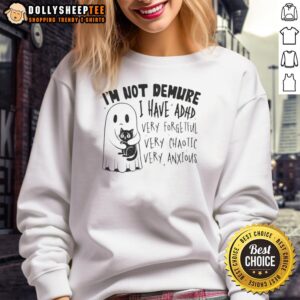 Cute ghost hugging a black cat on a sweatshirt, featuring I'm not demure, I have ADHD text, perfect for chaotic vibes.