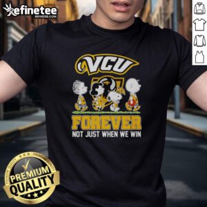 Alt Text: Original Peanuts Characters X VCU Rams NBA Forever T-Shirt featuring iconic characters and team spirit design.