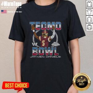 Alt Text: Official Tecmo Bowl X Topps Chrome Commanders Jayden Daniels Ladies Tee showcasing vibrant design and team spirit.