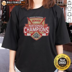 Hot Denver Pioneers 2026 NCAA Ice Hockey National Champions ladies tee featuring team colors and logo.
