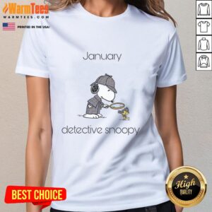 Awesome January Detective Snoopy and Woodstock graphic on a stylish ladies tee for fans of Peanuts and casual fashion.