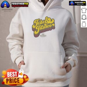 Good Jobs and Justice logo hoodie featuring a bold design promoting fair labor and social equity.