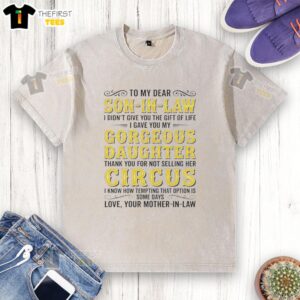 Top to my dear son-in-law: Gorgeous daughter thank you for not selling her circus washed t-shirt, colorful design displayed.