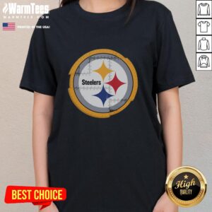 Ladies tee featuring the Pittsburgh Steelers rivet logo, perfect for fans showcasing team spirit and style.