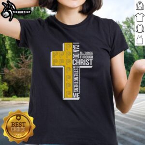 Alt Text: Pretty Pittsburgh Pirates ladies tee featuring 'I Can Do All Things Through Christ Who Strengthens Me' design.