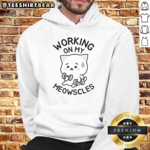 Alt Text: Person wearing a Meowscles hoodie while working, showcasing the stylish design and cozy fit of the top.