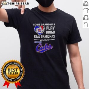 Alt Text: Funny 'Real Grandmas Watch Chicago Cubs' T-shirt featuring a playful bingo theme for baseball-loving grandmas.