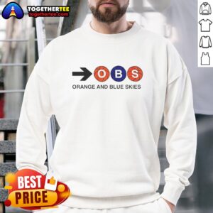 Awesome Obs Orange and Blue Skies Sweatshirt displayed on a model, showcasing vibrant colors and trendy design.