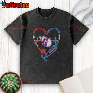 Alt Text: Pretty Cleveland Guardians heart and soul t-shirt featuring stethoscope and heartbeat design in a washed style.