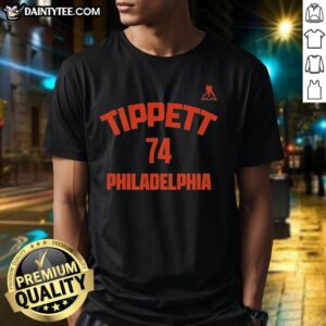 Official Owen Tippett 74 Philadelphia Flyers T-Shirt featuring vibrant team colors and player graphics, perfect for fans.