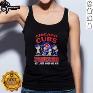 Alt Text: Cute Peanuts characters in Chicago Cubs tank top, celebrating MLB spirit with 'Forever, Not Just When We Win' slogan.
