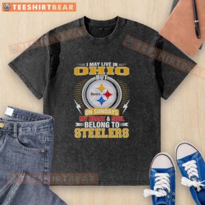 Washed t-shirt featuring 'I May Live In Ohio But My Heart Belongs To Steelers' for Pittsburgh Steelers fans.