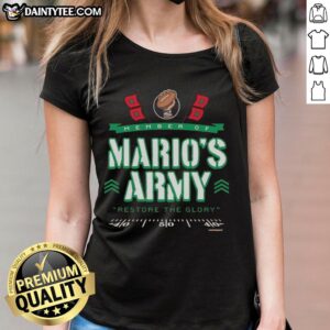 Good Miami Hurricanes Member of Mario's Army Restore the Glory Ladies Tee featuring vibrant team colors and logo.