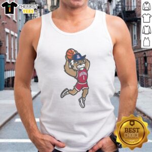 Arizona Wildcats fan wearing a dunking Wilbur tank top celebrates at a basketball game, showcasing team spirit.