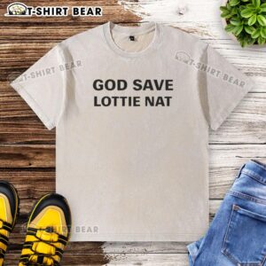 Funny Sophie Thatcher wearing a 'God Save Lottienat' washed t-shirt, showcasing trendy casual style.