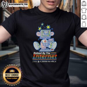 Top Raised By The Internet cartoon character using an old computer on a stylish T-shirt design for fans.