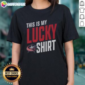 Alt Text: Top Columbus Blue Jackets women's tee featuring 'This Is My Lucky Ladies Tee' design in team colors.
