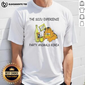 Alt Text: Original The Soju Experience Party Animals Korea T-Shirt featuring vibrant design and bold graphics for party enthusiasts.