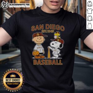 Alt Text: Good Charlie Brown, Snoopy, and Woodstock in Diego Padres baseball jersey t-shirt, est. 1969, playful design.