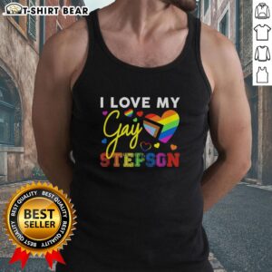 Good I Love My Gay Stepson LGBT Pride Tank Top showcasing vibrant colors and prideful message for LGBTQ+ support.
