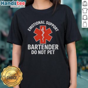 Premium Emotional Support Bartender 'Do Not Pet' logo on a stylish women's tee, perfect for bar enthusiasts.