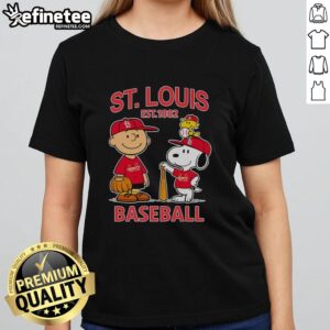 Awesome Charlie Brown Snoopy And Woodstock With St Louis Cardinals Baseball Jersey Est 1882 T-Shirt - Image 3