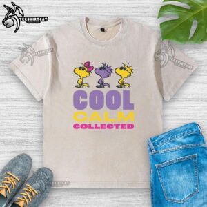 Cool Calm Collected Woodstock Peanuts washed t-shirt featuring vibrant graphic design and soft fabric for casual wear.