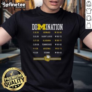 Premium Michigan Wolverines Men's Basketball Champions 2025-2026 Dominance T-Shirt featuring bold team graphics.