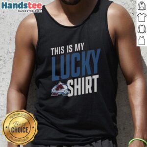 Hot Colorado Avalanche fan wearing a 'This Is My Lucky Tank Top' cheering at a game, showcasing team spirit and style.
