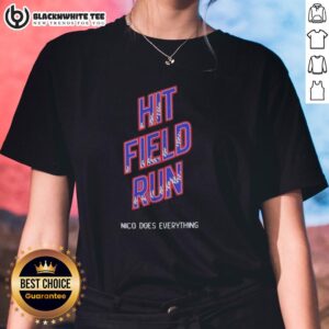 Premium Hit Field Run Nico Does Everything Ladies Tee in vibrant colors, perfect for active women seeking style and comfort.