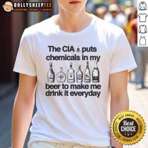 Vintage T-shirt featuring the phrase 'The CIA Puts Chemicals In My Beer' with a quirky design, perfect for unique fashion.
