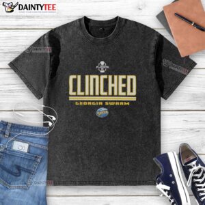 Alt Text: Top Georgia Swarm clinched NLL 2026 playoffs logo on a washed t-shirt, showcasing team spirit and style.