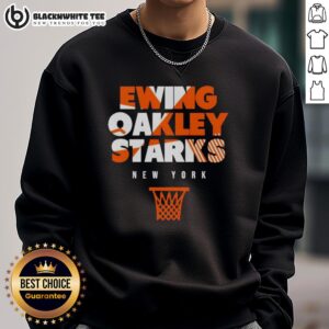 Top New York Knicks Ewing Oakley Starks throwback basketball sweatshirt showcasing iconic team colors and retro design.