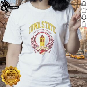 Official Iowa State Campanile design on Ash Every Yard tee for ISU ladies, showcasing school pride and style.