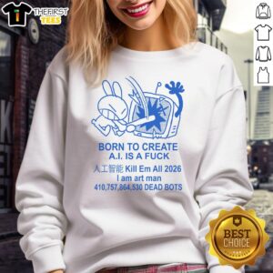 Fashionable 'Born to Create Anti-AI Art' sweatshirt design featuring bold text and artistic flair, perfect for art enthusiasts.