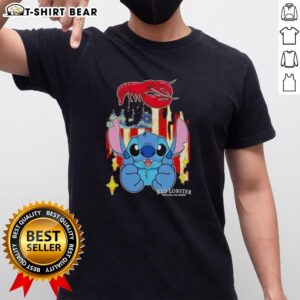 Alt Text: Pretty Stitch Like Red Lobster USA Flag T-Shirt featuring a vibrant design and patriotic colors for summer wear.