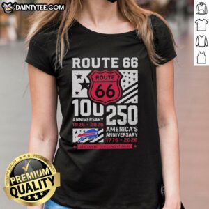 Buffalo Bills Route 66 Centennial 100th Anniversary ladies tee celebrating 250th anniversary of America, 1926-2026.