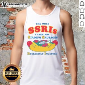 Woman wearing 'The Only SSRIs I Take Are Stadium Sausages' tank top, enjoying a day at the stadium.