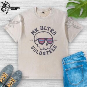 Nice MK Ultra Volunteer washed t-shirt in casual style, featuring unique graphics and soft fabric for comfort.