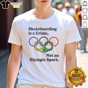 Official Skateboarding Is A Crime Not An Olympic Sport T-Shirt featuring bold graphic design on a black cotton tee.