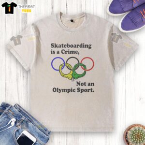 Official Skateboarding Is A Crime Not An Olympic Sport washed t-shirt in light blue, perfect for skate enthusiasts.